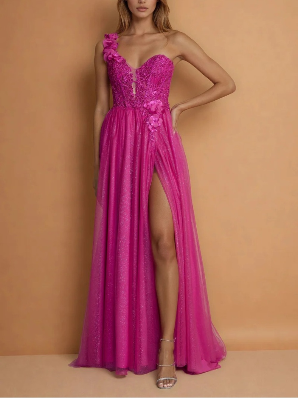 Fuchsia Prom Dress One-Shoulder Evening Gown with Floral Appliqué